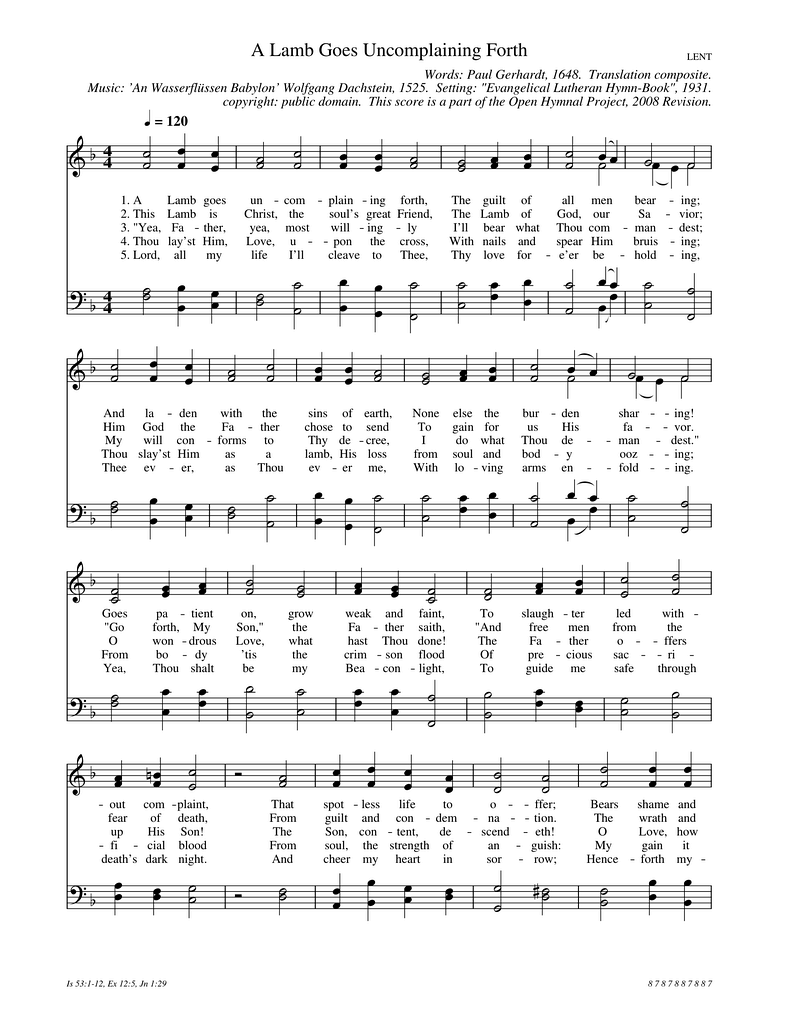A Lamb Goes Uncomplaining Forth Piano Sheet Music Page 1 Free PDF