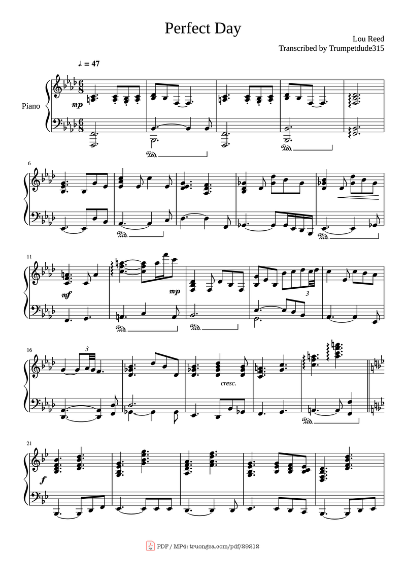 A Perfect Day Piano Sheet Music Score Page 1