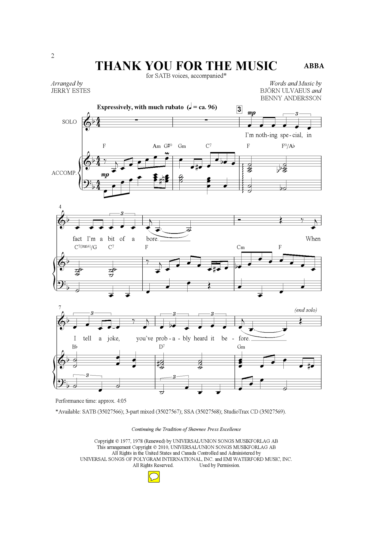 Thank You For The Music Piano Sheet Music Page 1 Free PDF
