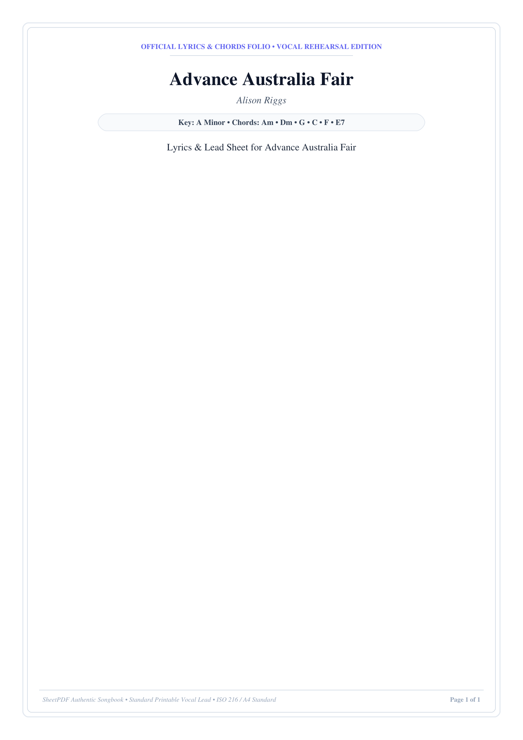 Advance Australia Fair Piano Sheet Music Page 1 Free PDF