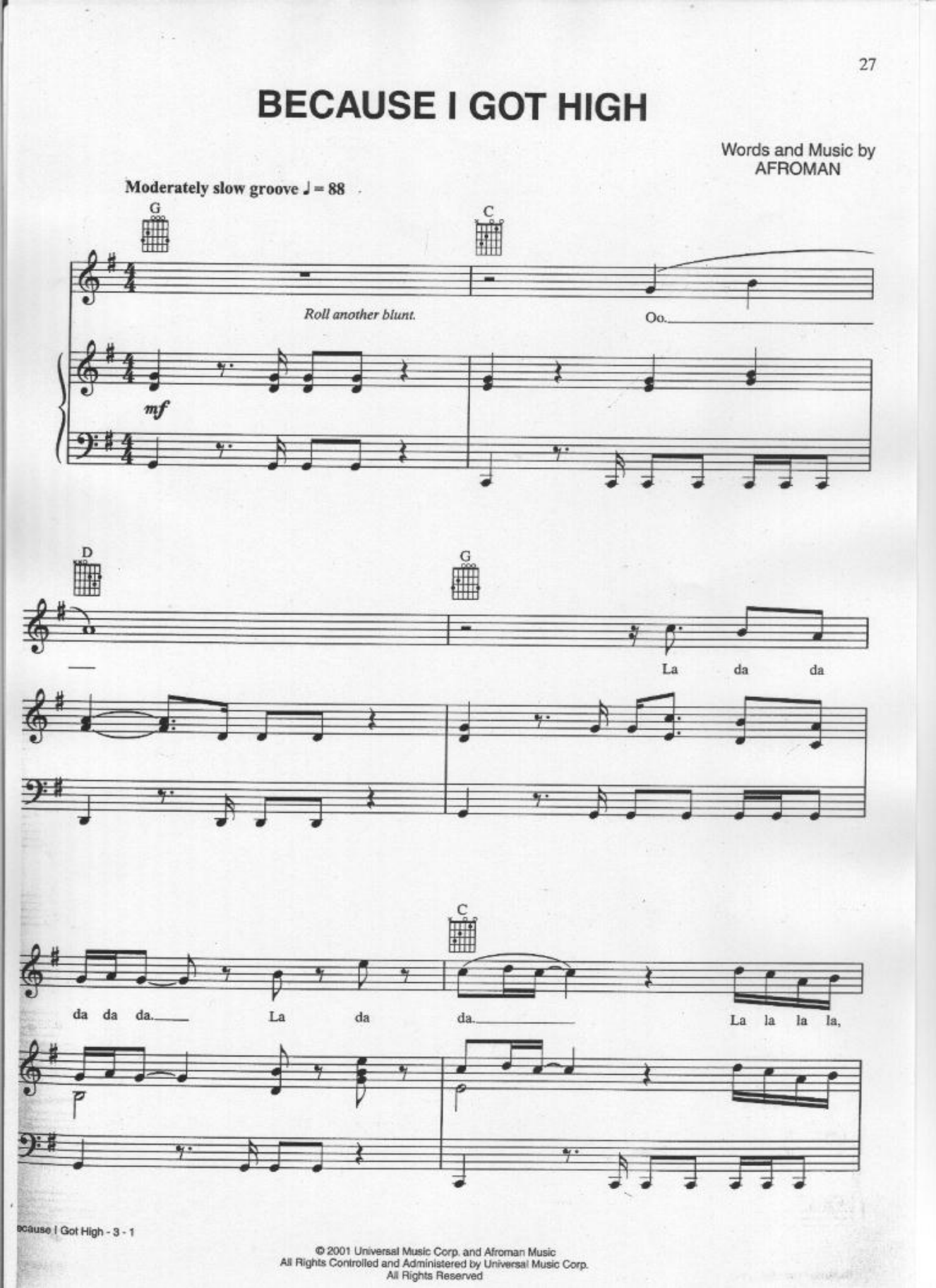 Because I Got High Piano Sheet Music Score Page 1