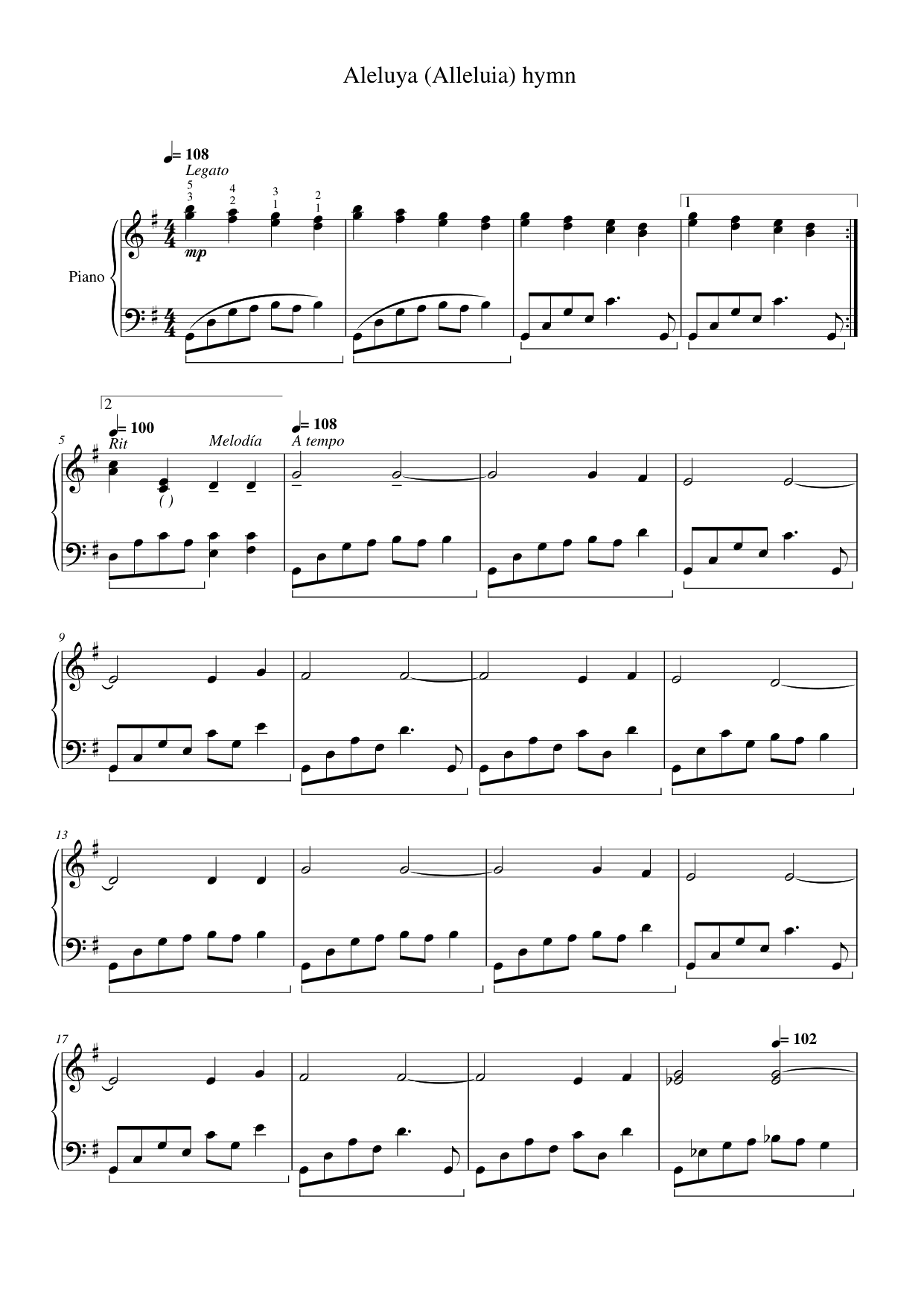Aleluya (Alleluia) hymn Piano Sheet Music Page 1 Free PDF
