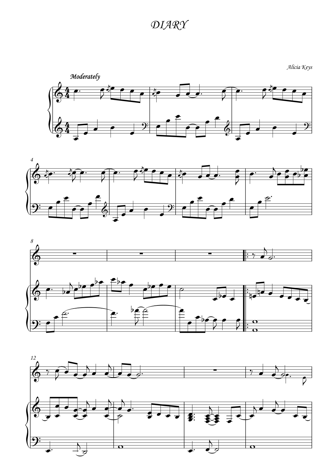 Diary Piano Sheet Music Page 1 Free PDF