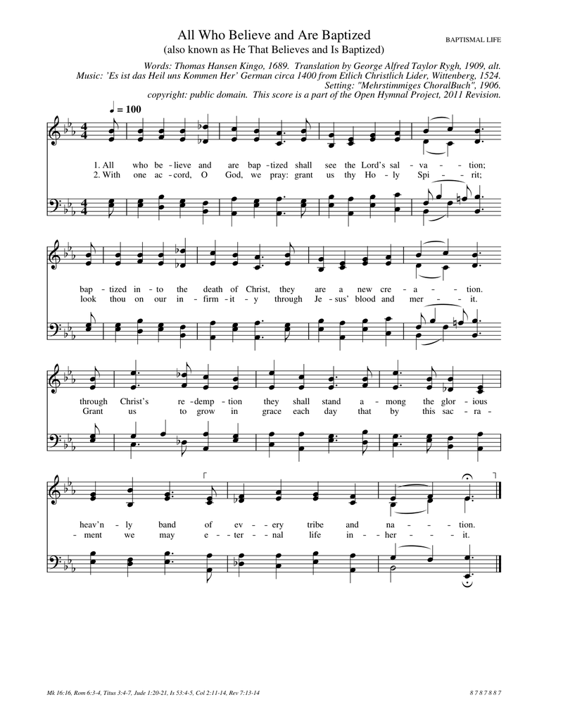 All Who Believe and Are Baptized Piano Sheet Music Score Page 1