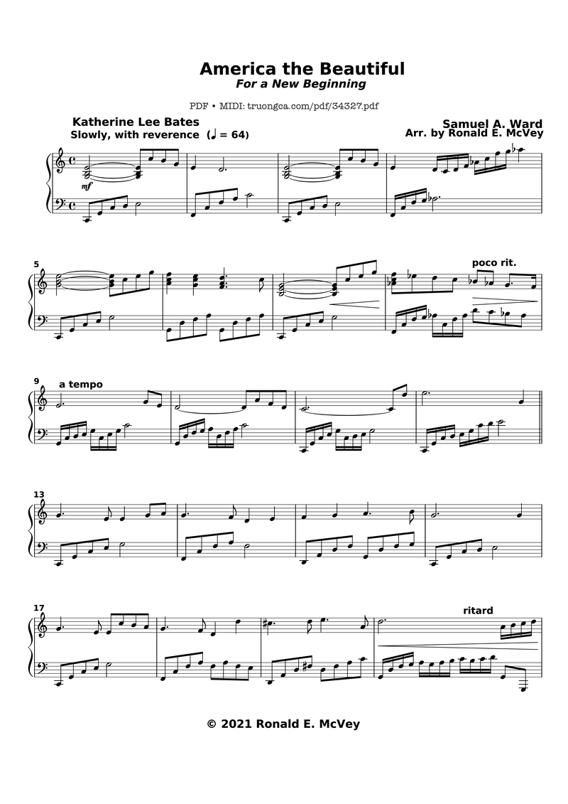 America, the Beautiful Piano Sheet Music Page 1 Free PDF