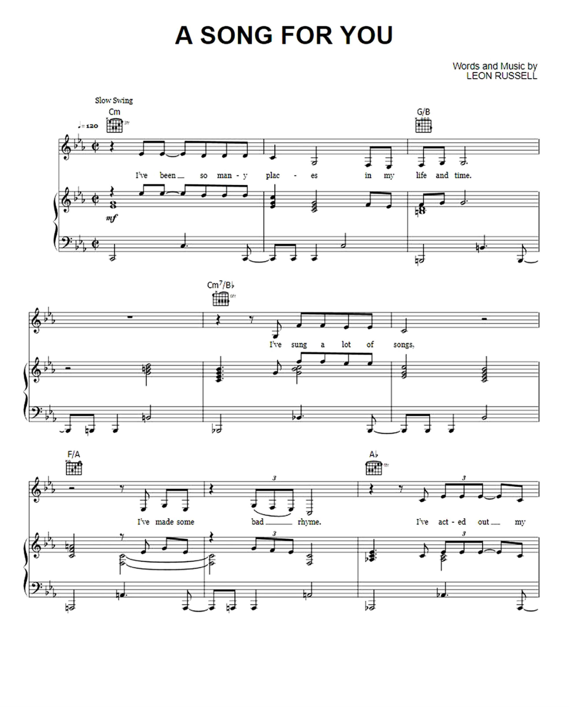 A Song For You Piano Sheet Music Score Page 1
