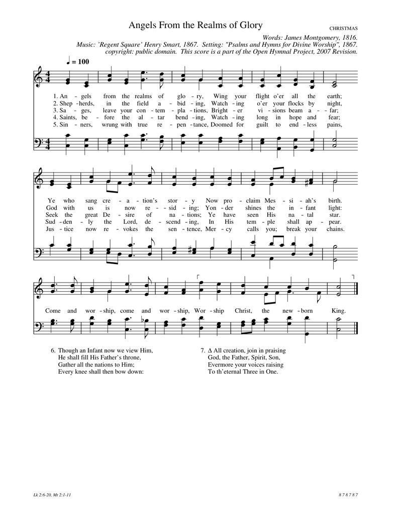 Angels From the Realms of Glory Piano Sheet Music Page 1 Free PDF