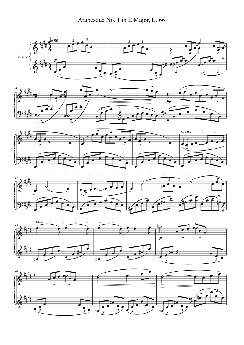 Arabesque No. 1 in E Major, L. 66 Piano Sheet Music Page 1 Free PDF