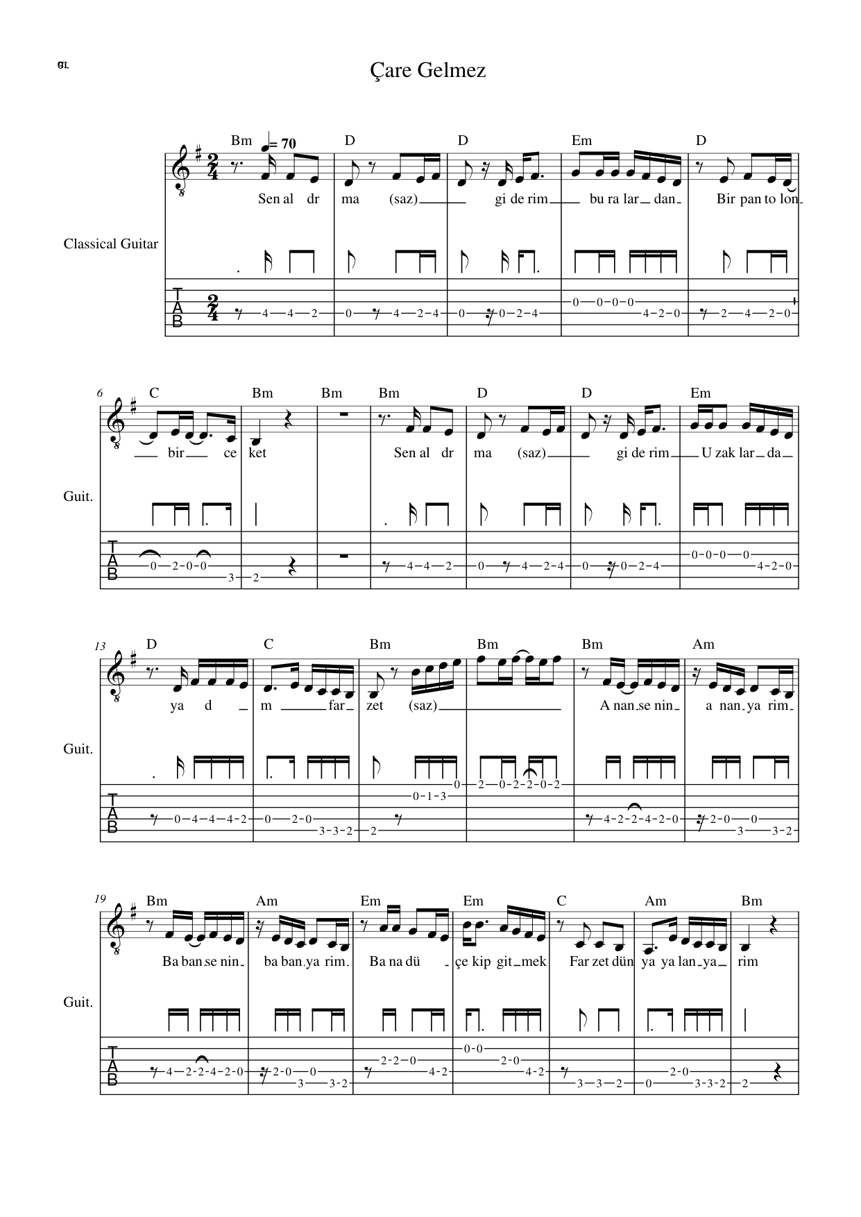 Çare Gelmez Lyrics & Chords Folio