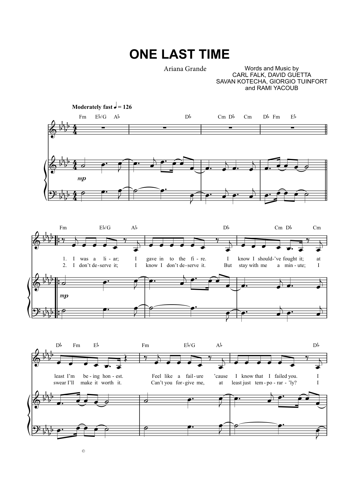 One Last Time Piano Sheet Music Score Page 1