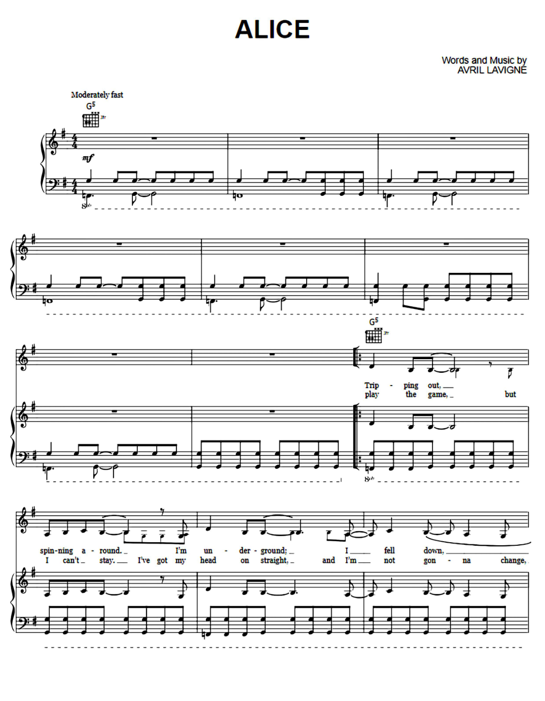 Alice Piano Sheet Music Page 1 Free PDF