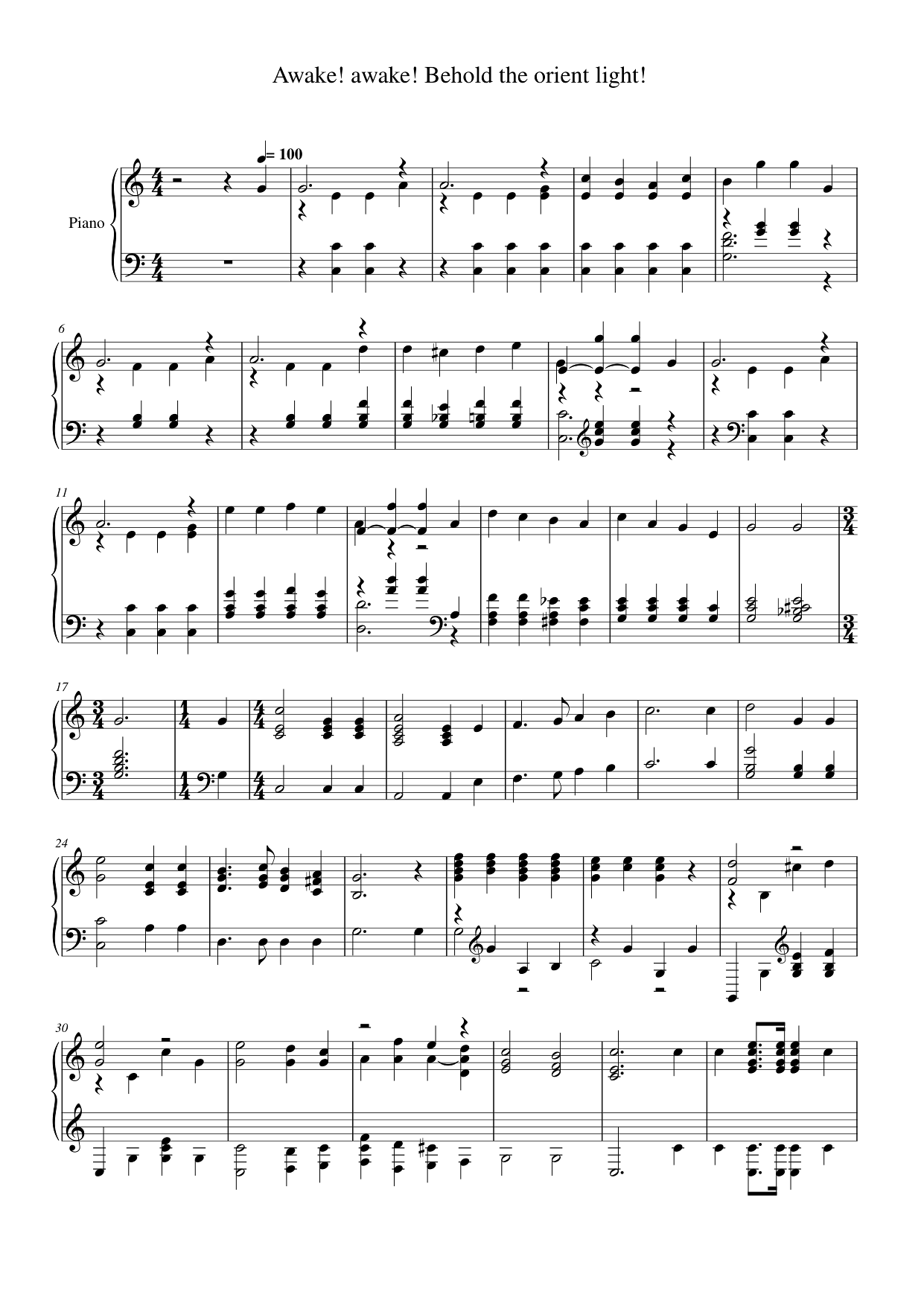 Awake! awake! Behold the orient light! Piano Sheet Music Page 1 Free PDF