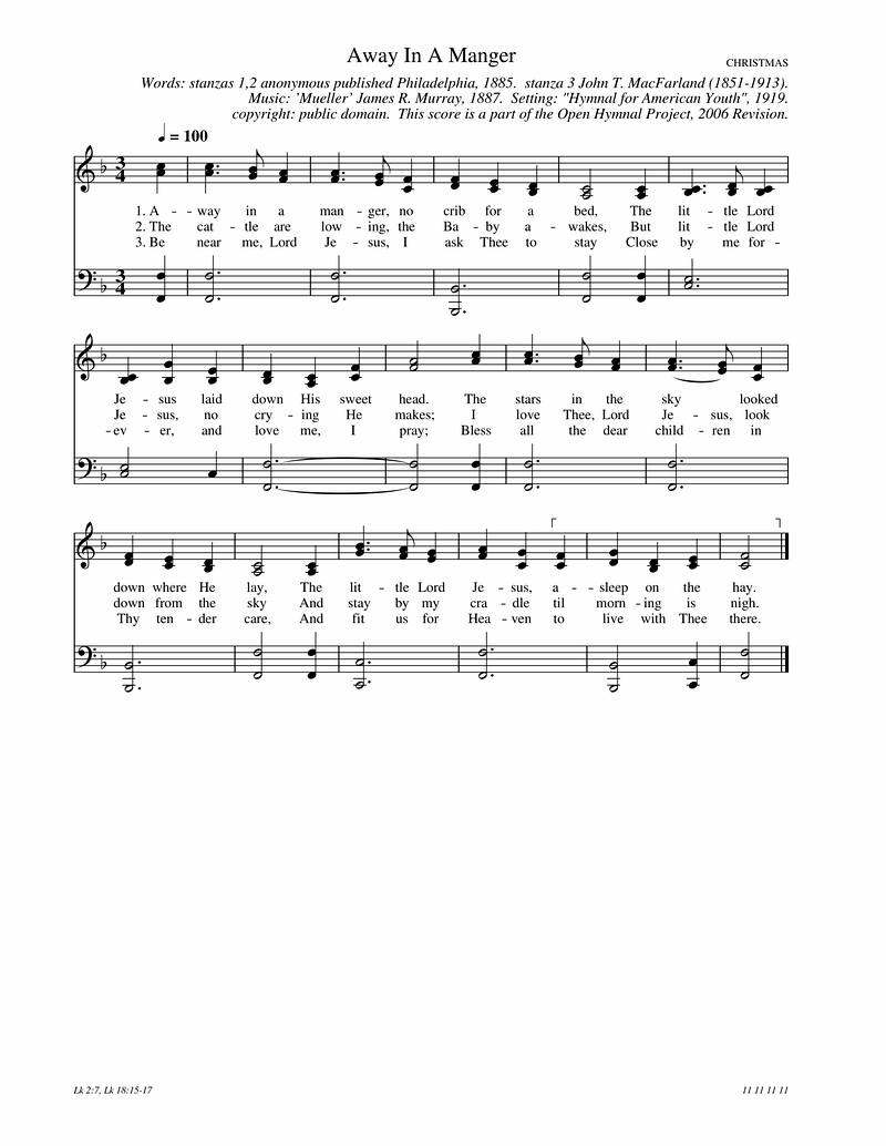 Away in a Manger by Chas. H. Gabriel Piano Sheet Music Page 1 Free PDF