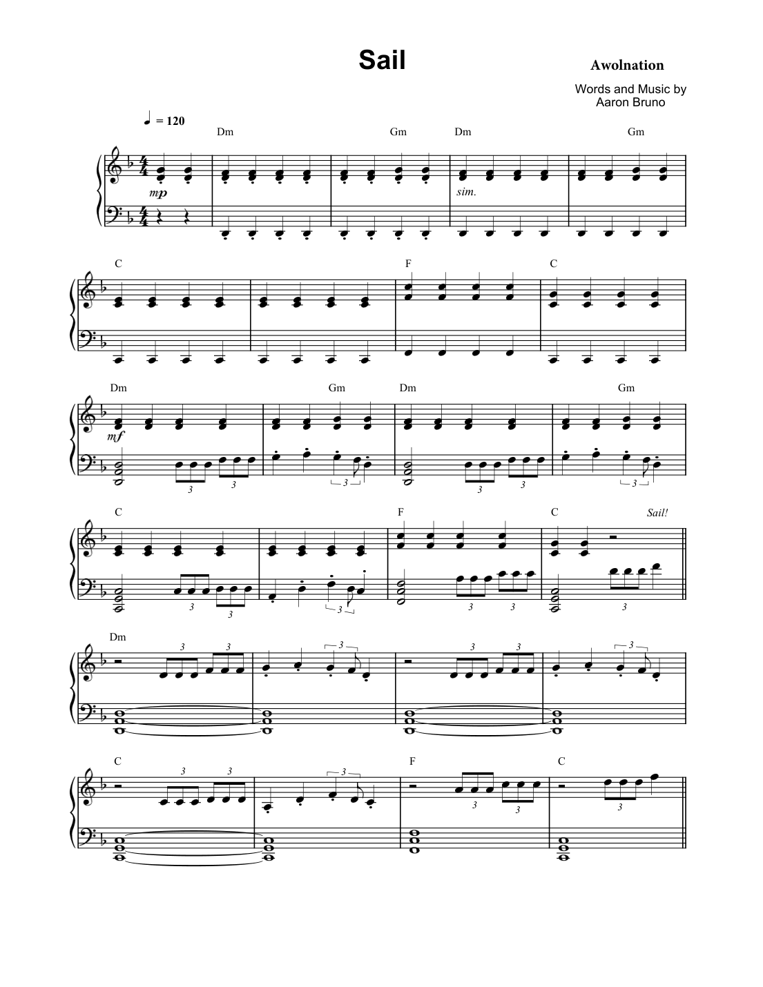 Sail Piano Sheet Music Score Page 1