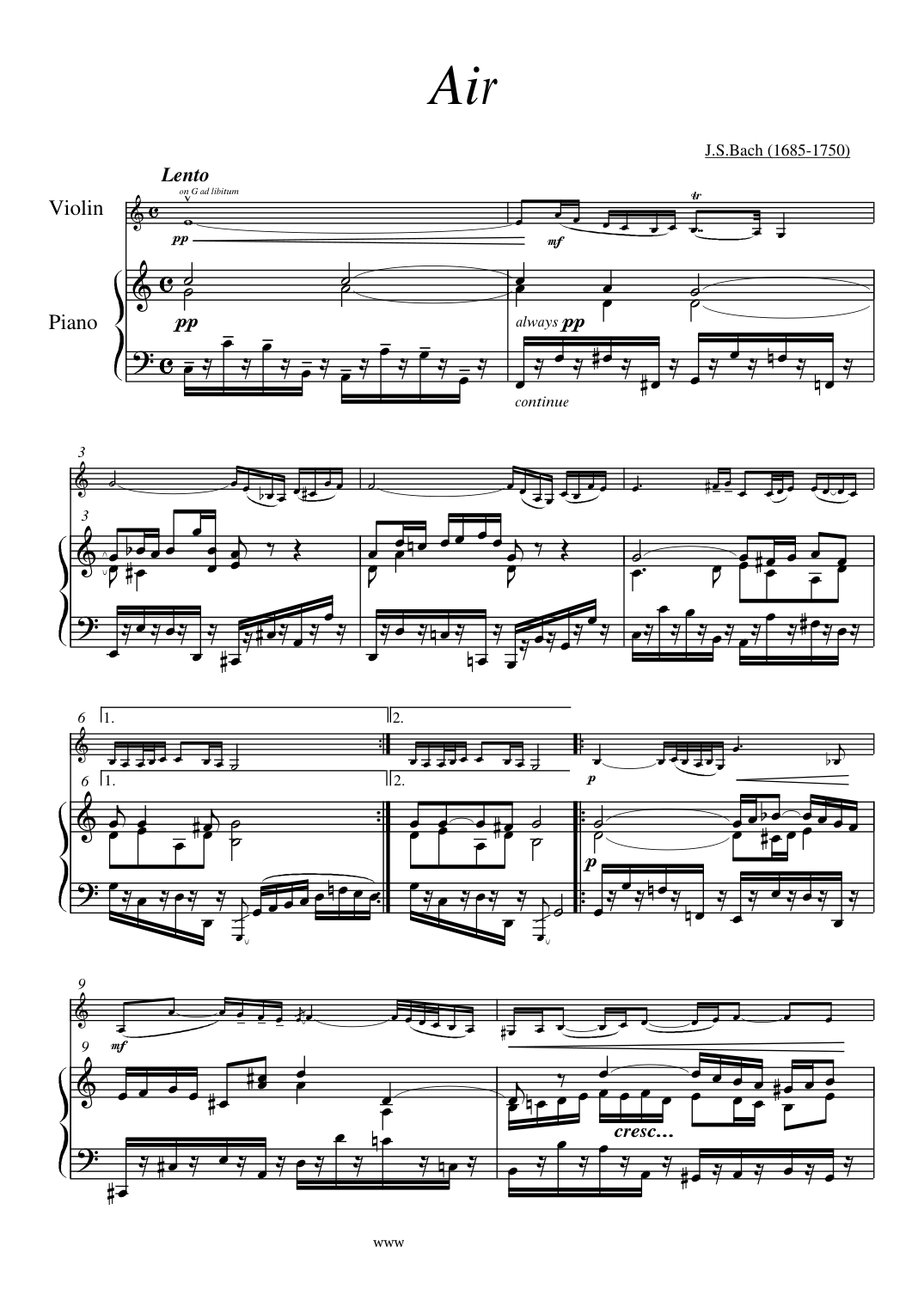 Air on G String Piano Sheet Music Page 1 Free PDF