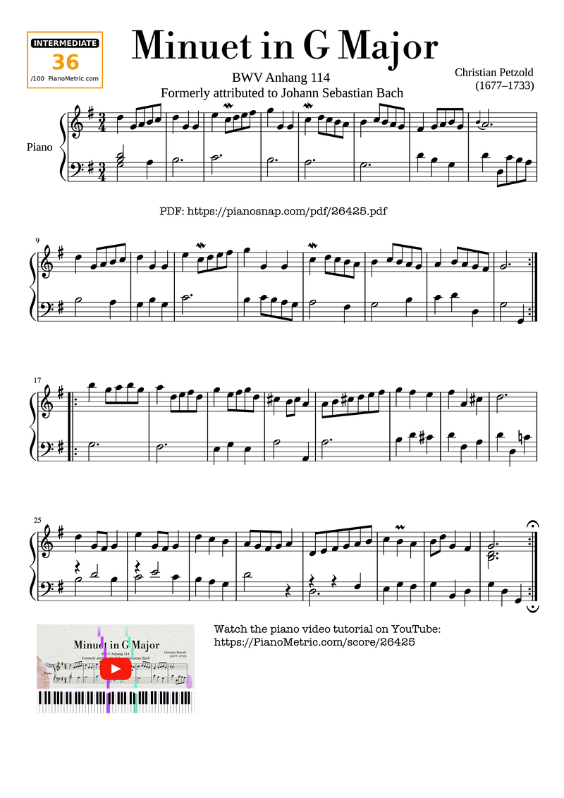 Minuet in G Major Piano Piano Sheet Music Page 1 Free PDF