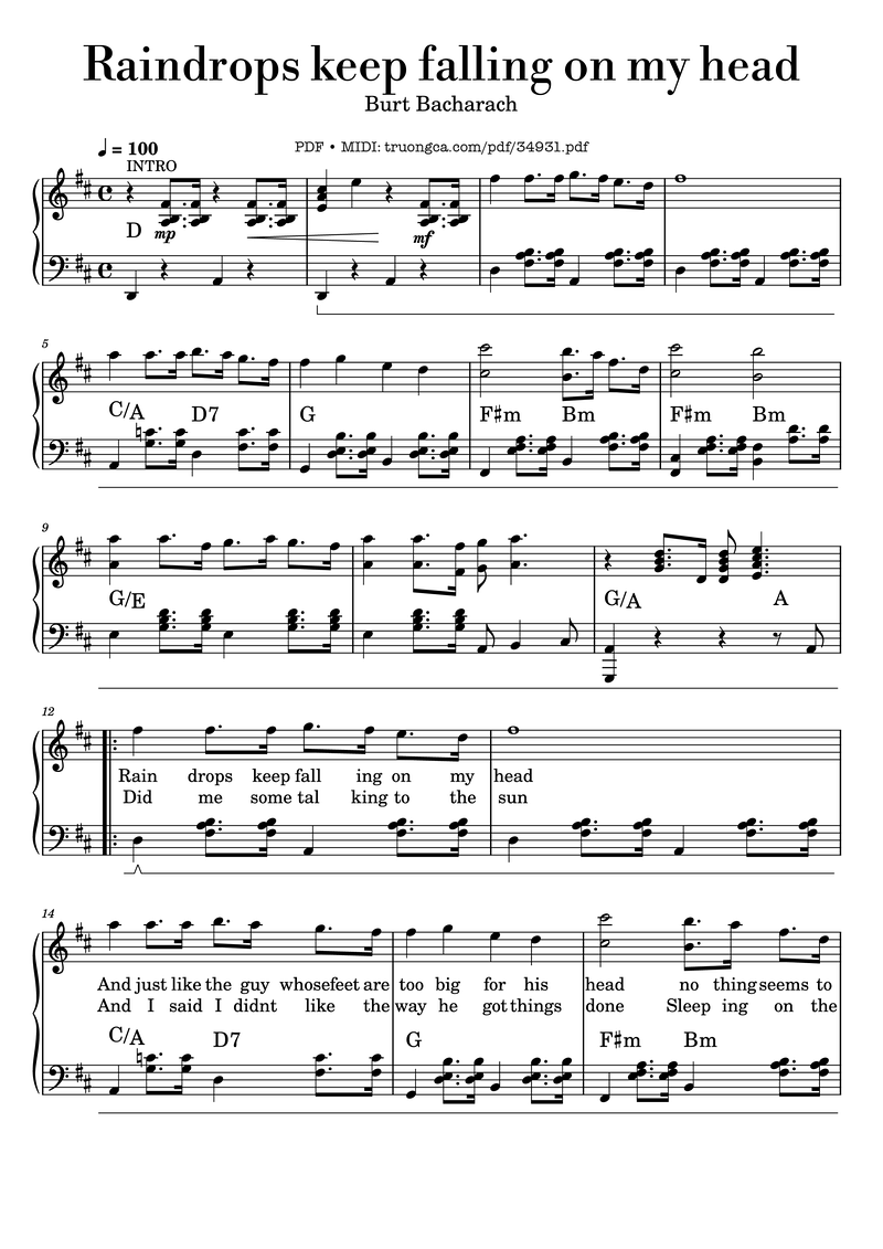 Raindrops keep falling on my head Piano Piano Sheet Music Page 1 Free PDF