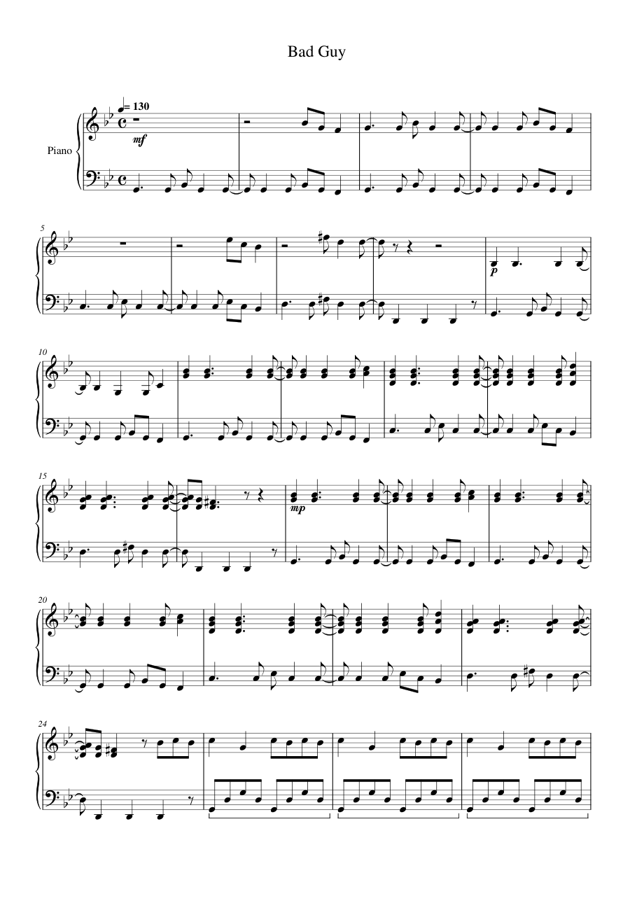 Bad Guy Piano Sheet Music Score Page 1