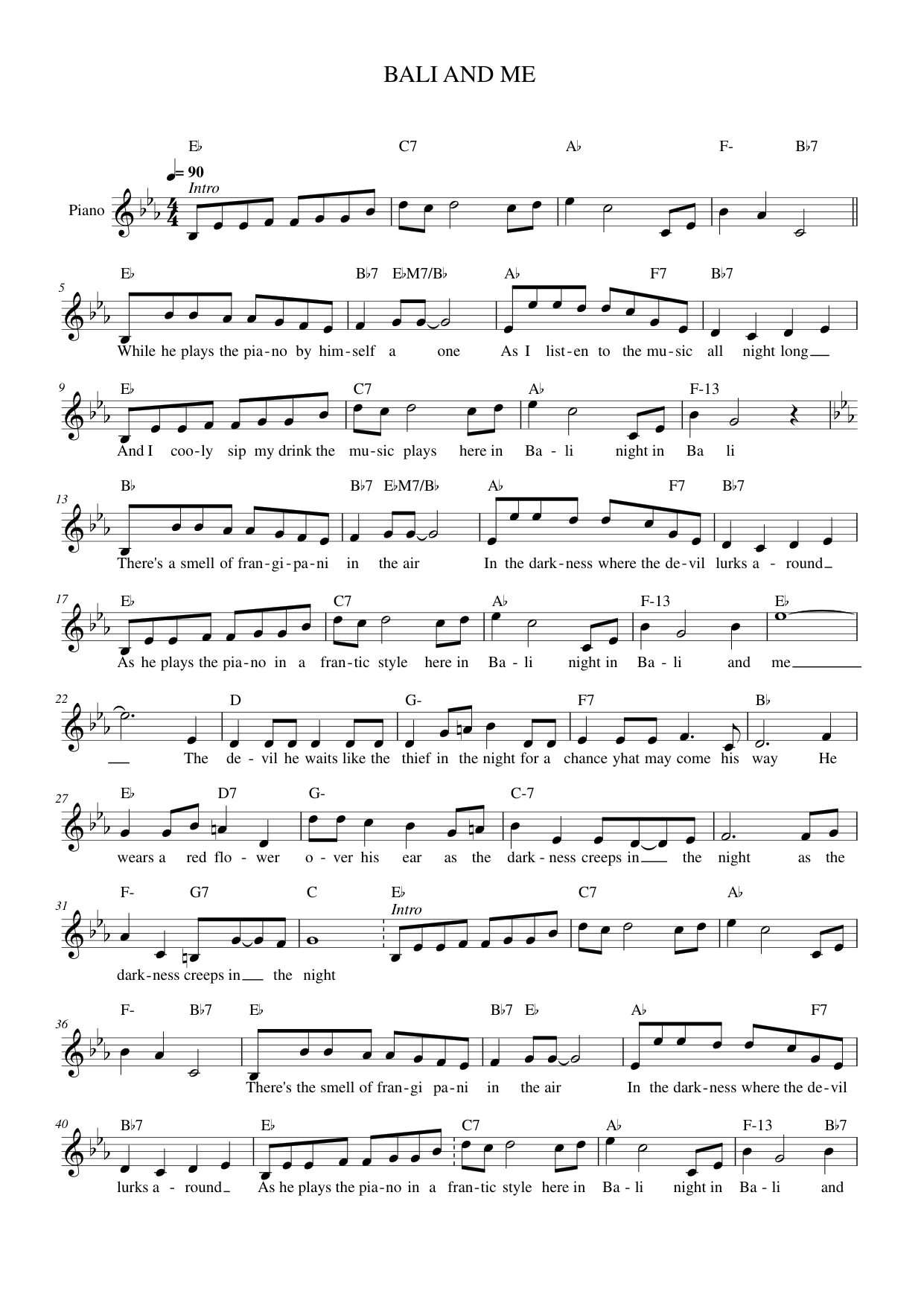 BALI AND ME Piano Sheet Music Page 1 Free PDF