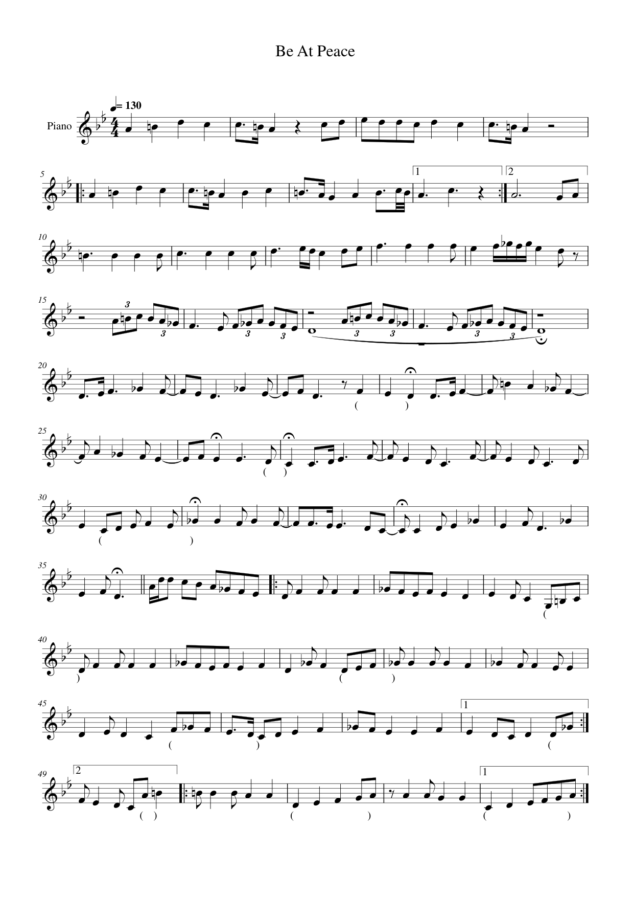 Be At Peace Piano Sheet Music Score Page 1