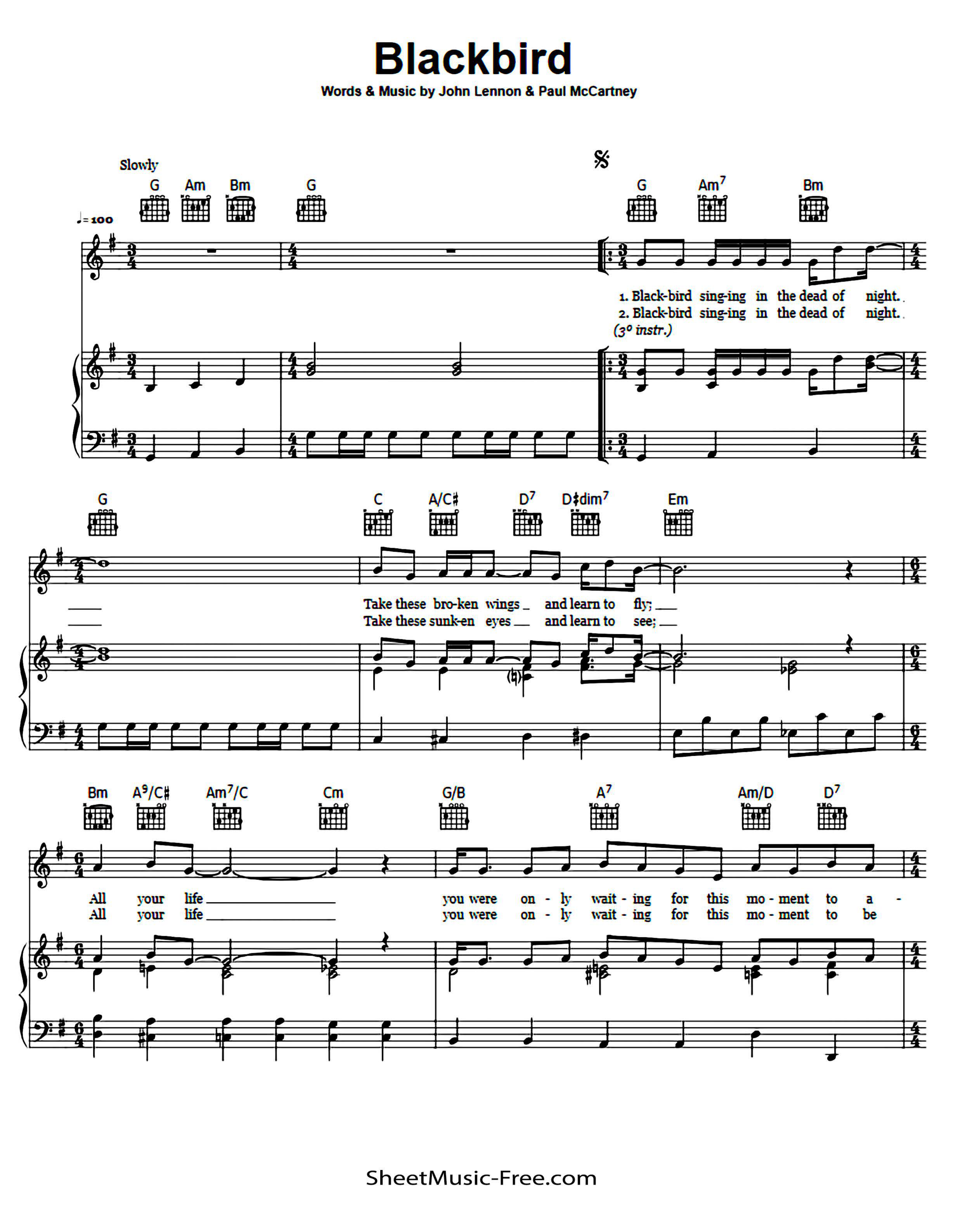 Blackbird Piano Sheet Music Page 1 Free PDF