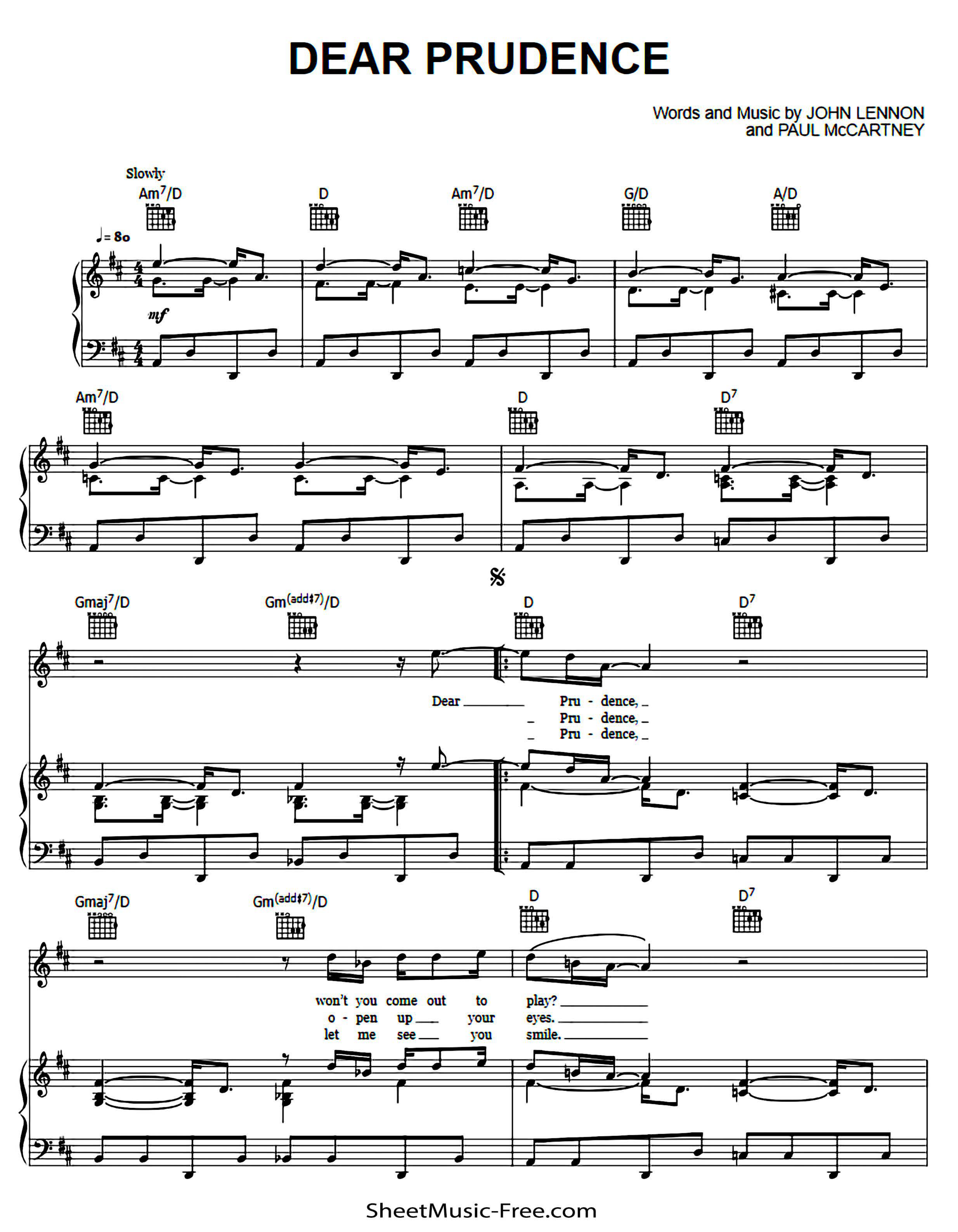 Dear Prudence Piano Sheet Music Score Page 1