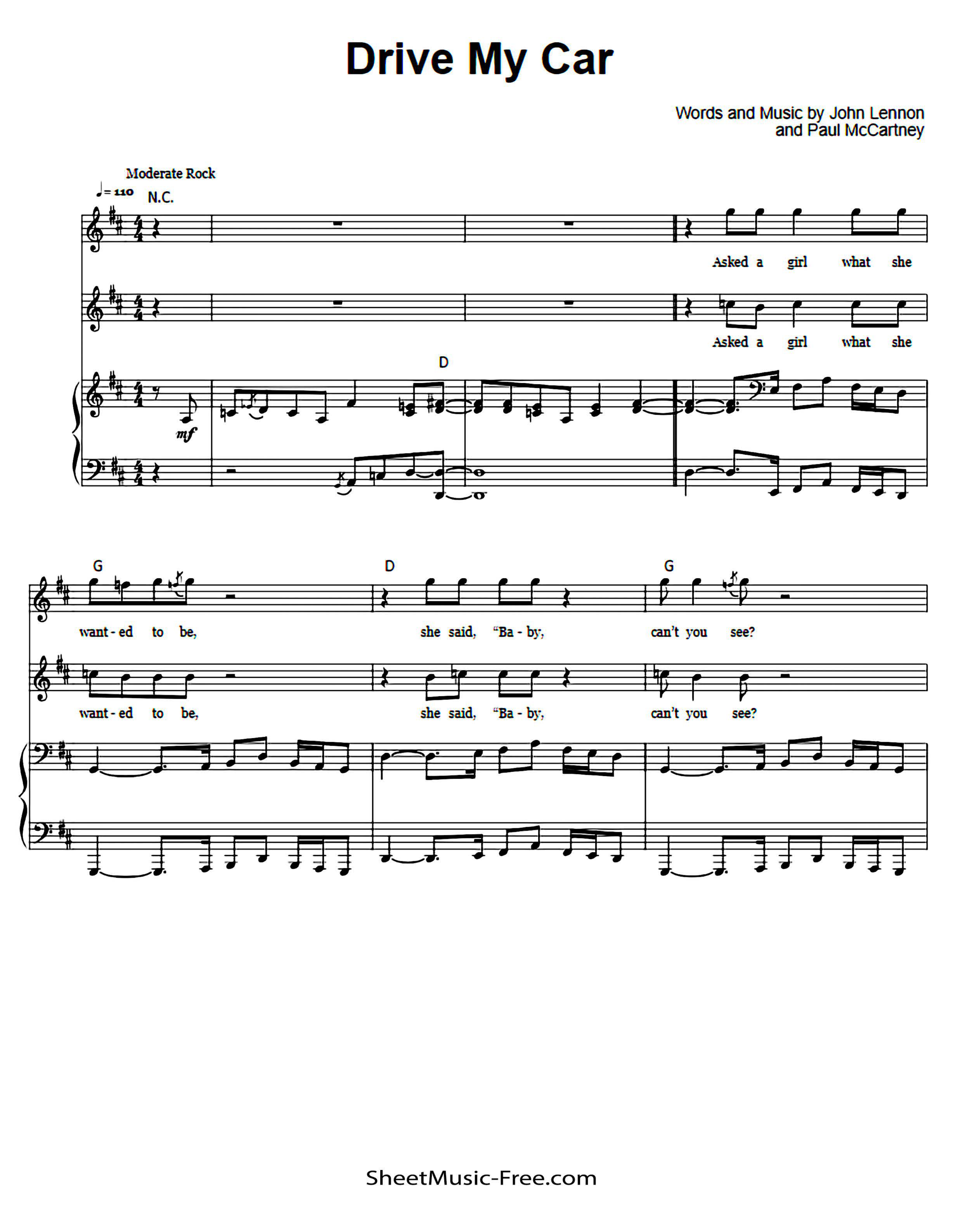 Drive My Car Piano Sheet Music Score Page 1