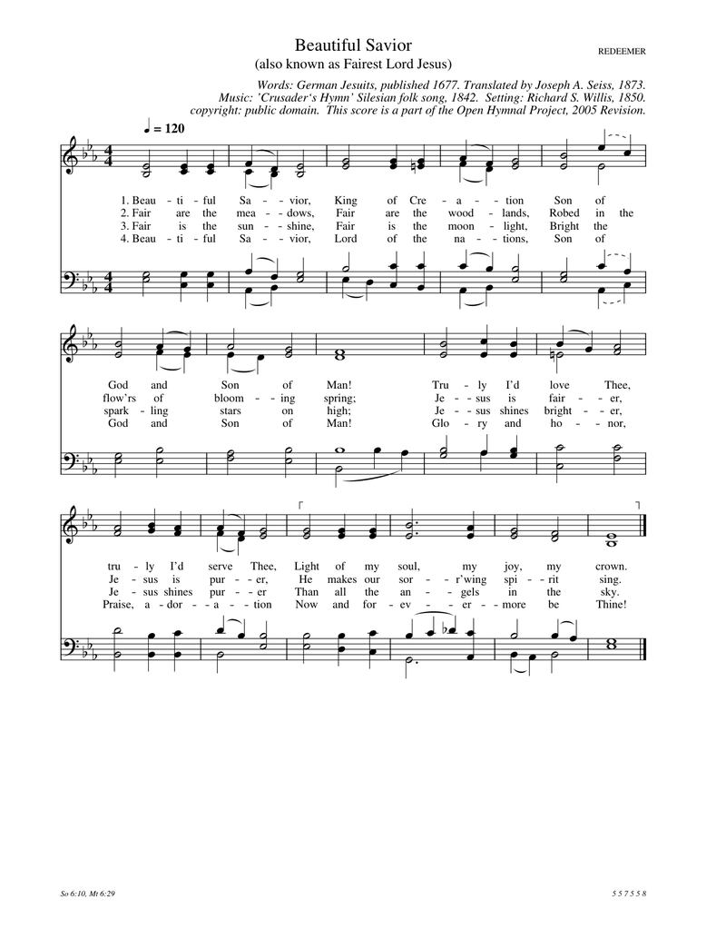 Beautiful Savior Piano Sheet Music Score Page 1