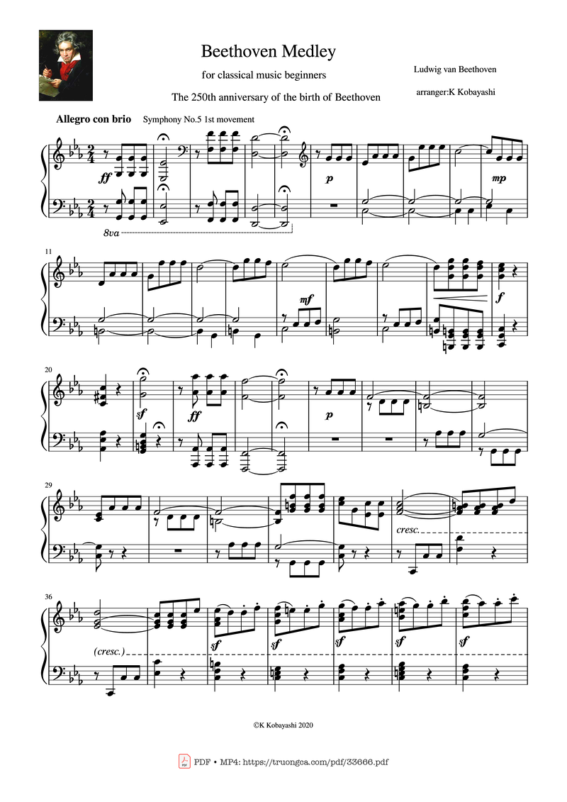 Beethoven Medley for classical Piano beginners Piano Sheet Music Page 1 Free PDF