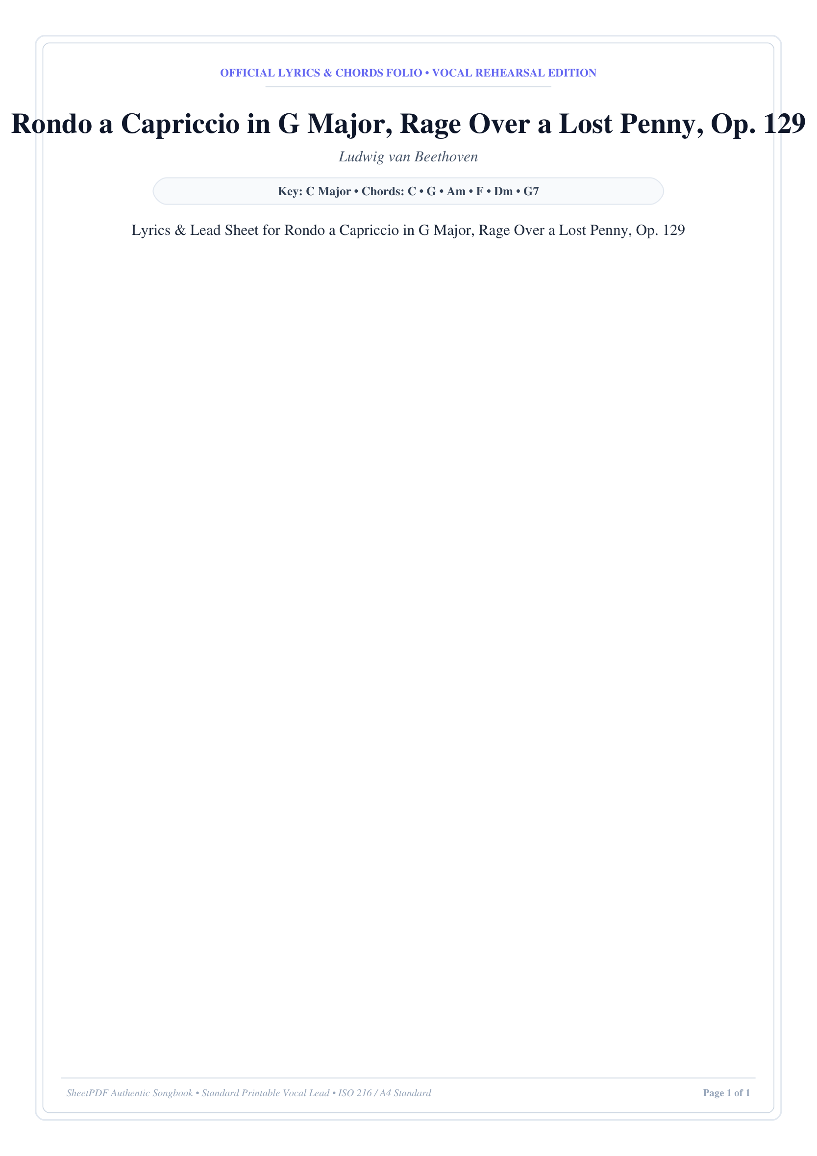 Rondo a Capriccio in G Major, Rage Over a Lost Penny, Op. 129 Piano Sheet Music Page 1 Free PDF