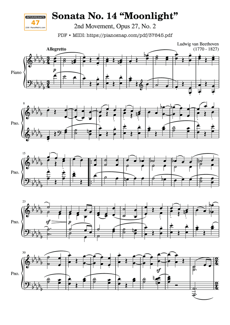 Sonata No. 14 Moonlight 2nd Movement Piano Piano Sheet Music Page 1 Free PDF