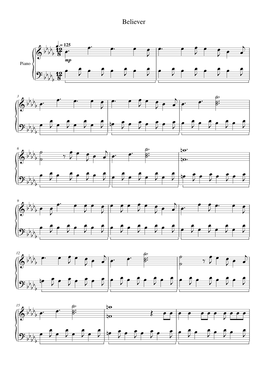 Believer Piano Sheet Music Score Page 1
