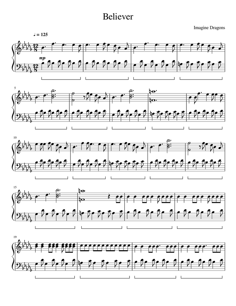 Believer Piano Sheet Music Score Page 1