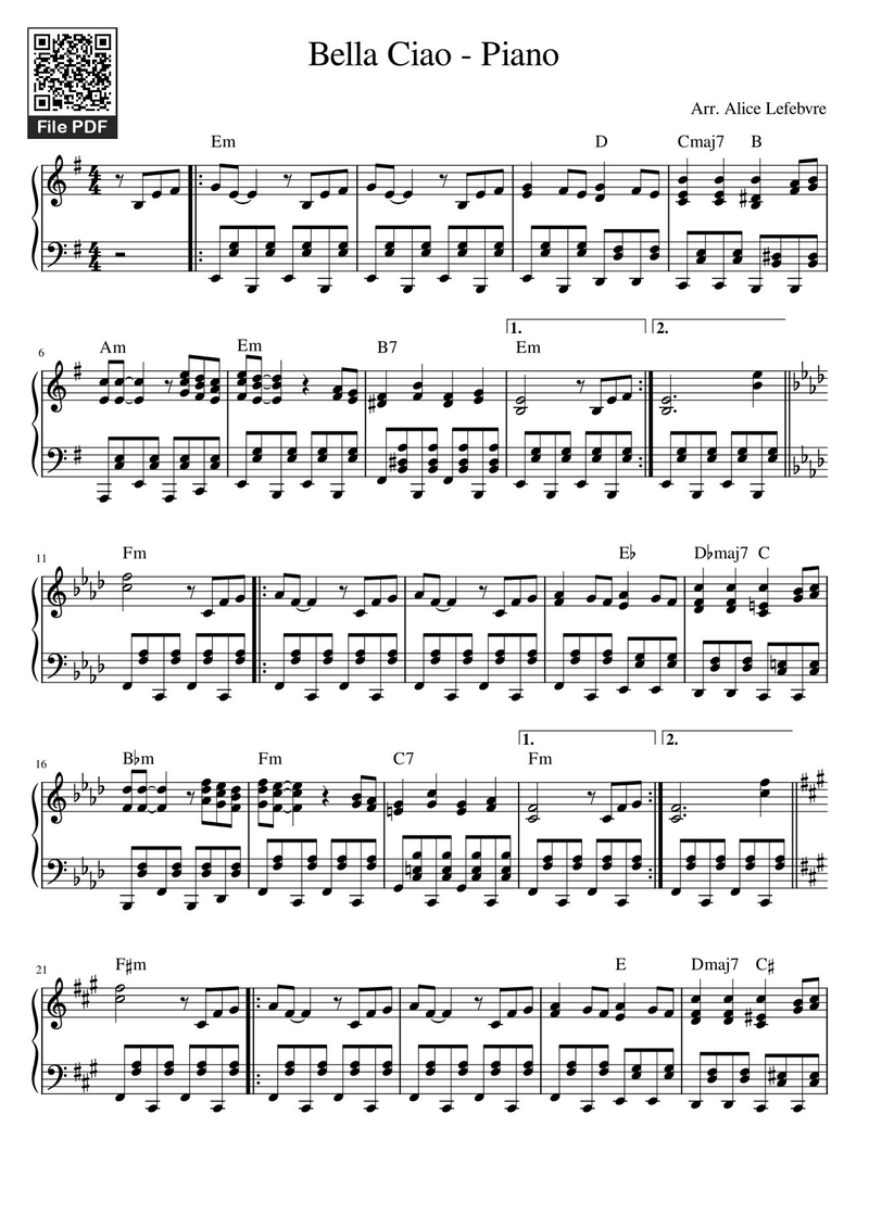 Bella Ciao Piano Sheet Music Page 1 Free PDF