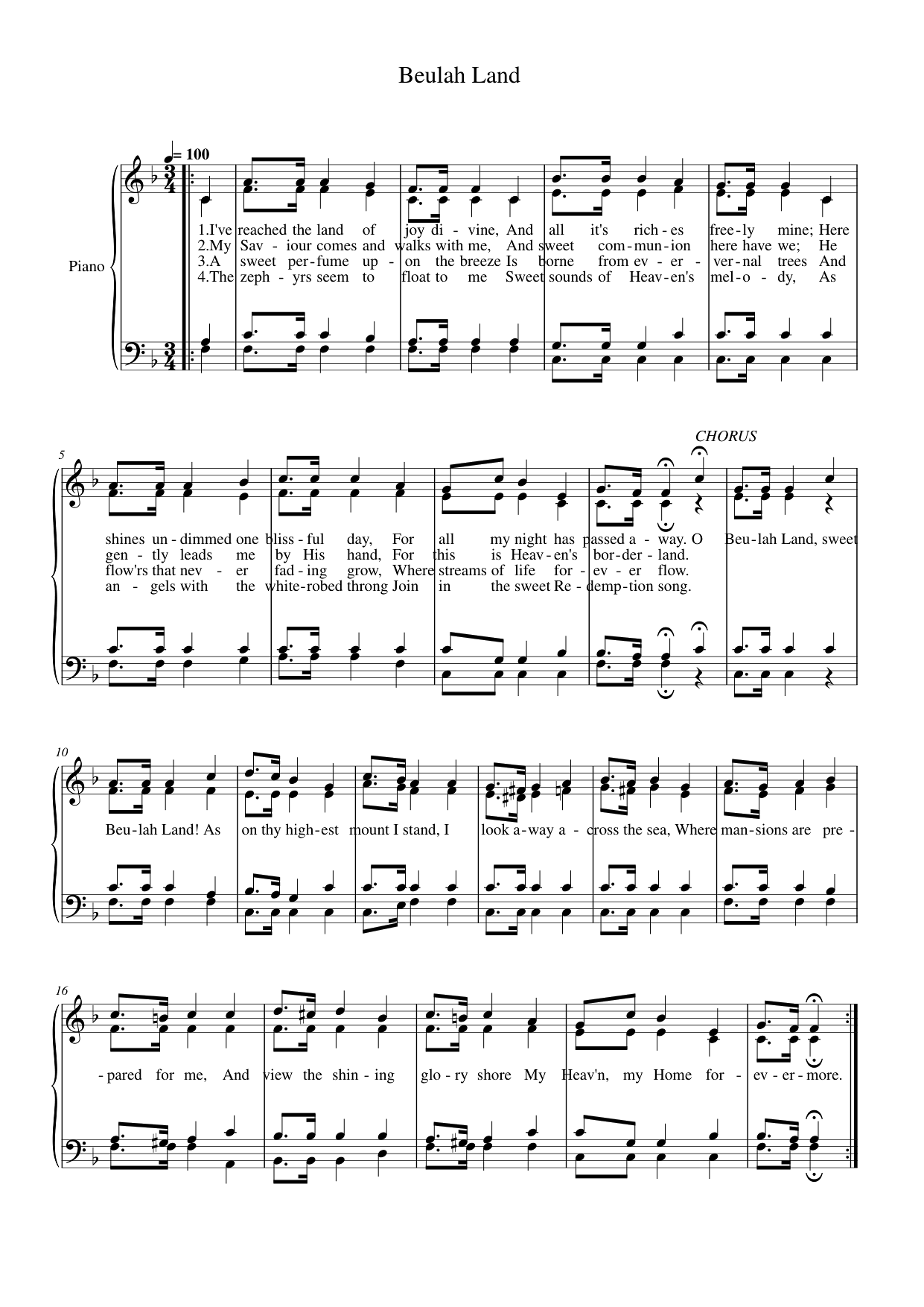 Beulah Land Piano Sheet Music Score Page 1