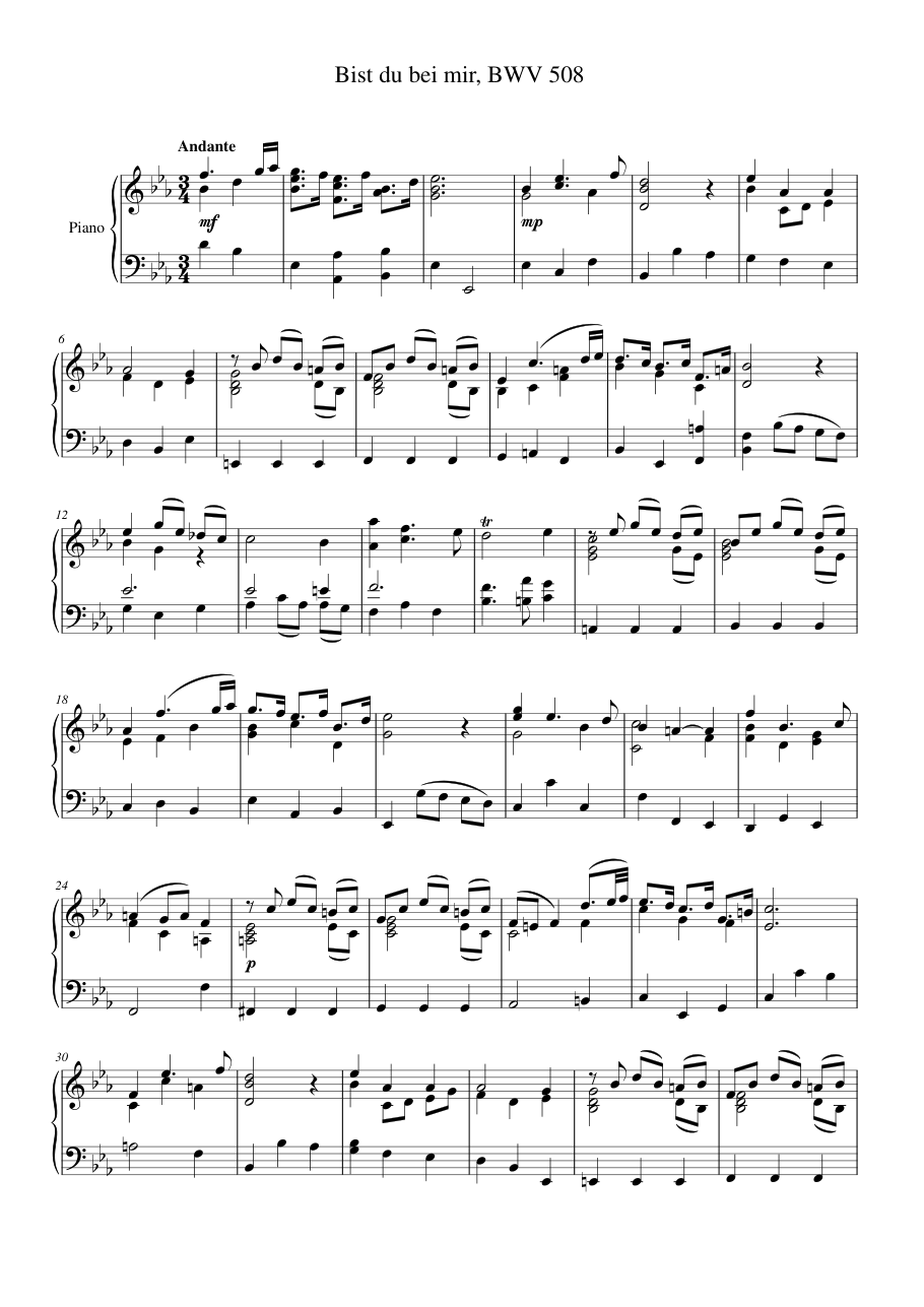 Bist du bei mir, BWV 508 Piano Sheet Music Page 1 Free PDF