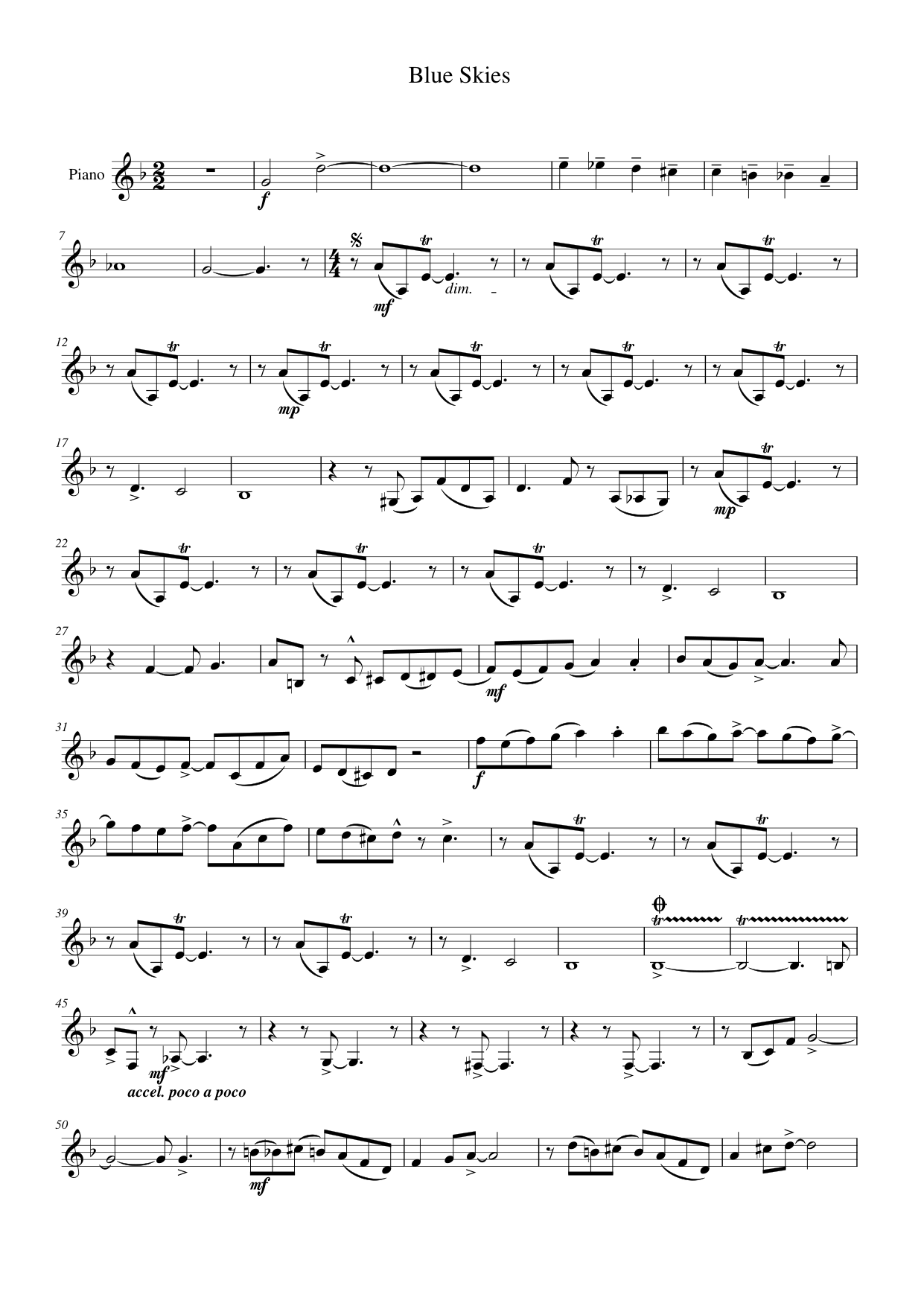 Blue Skies Piano Sheet Music Score Page 1