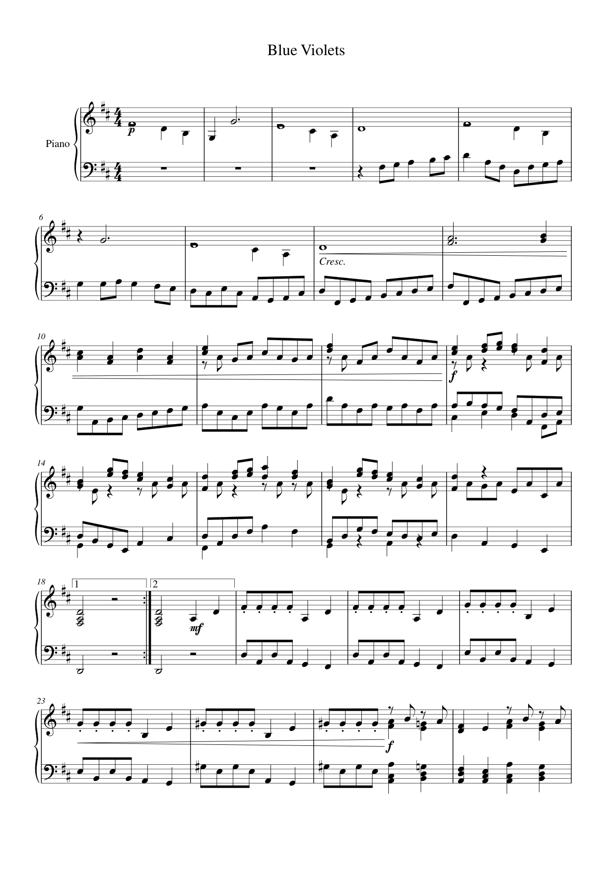 Blue Violets Piano Sheet Music Page 1 Free PDF