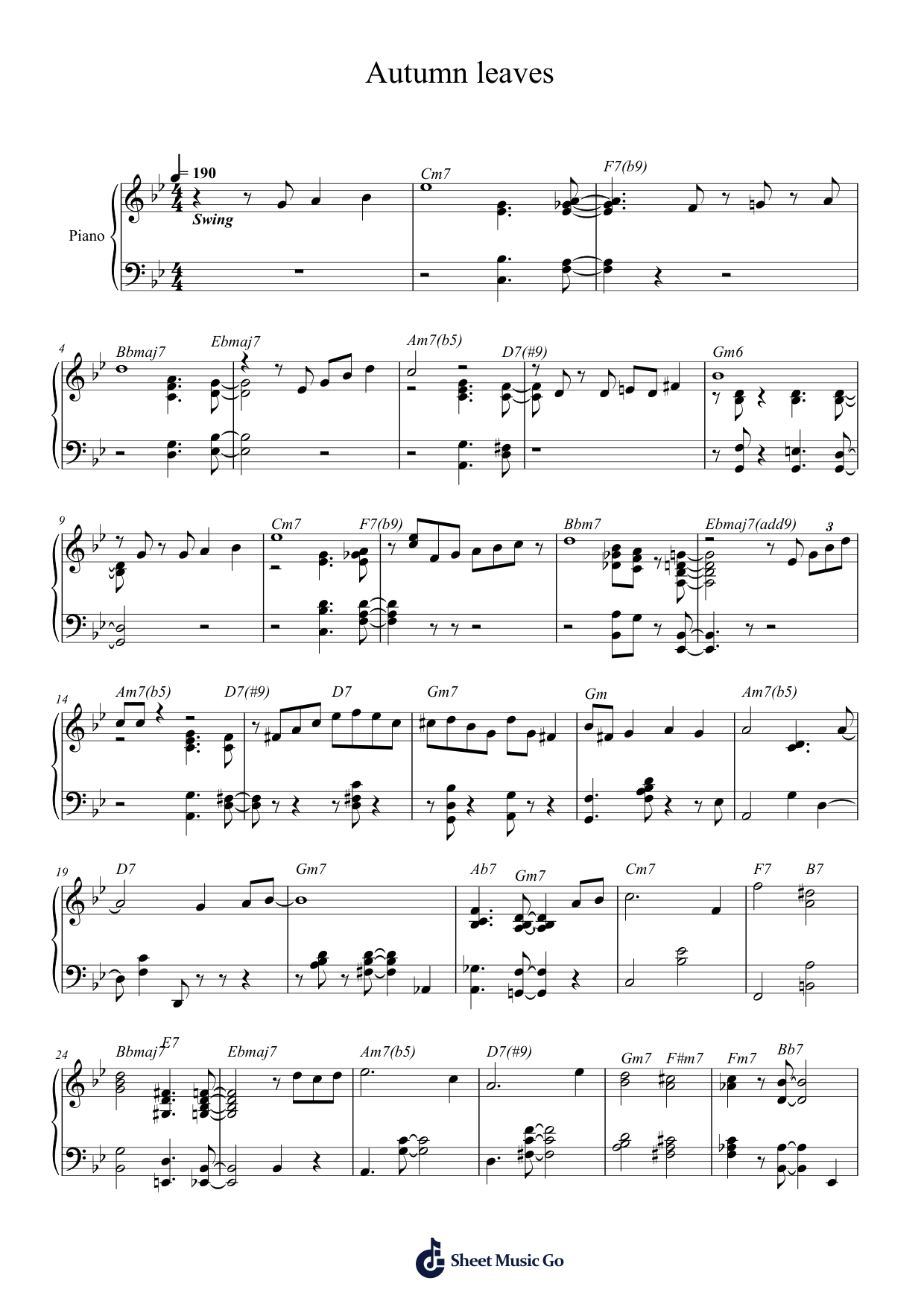 Autumn Leaves Piano Sheet Music Score Page 1