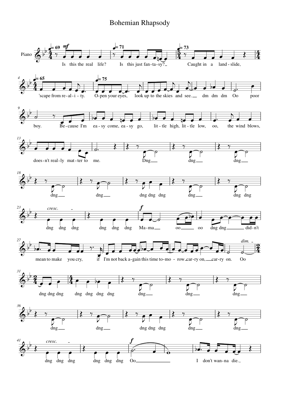 Bohemian Rhapsody Piano Sheet Music Page 1 Free PDF