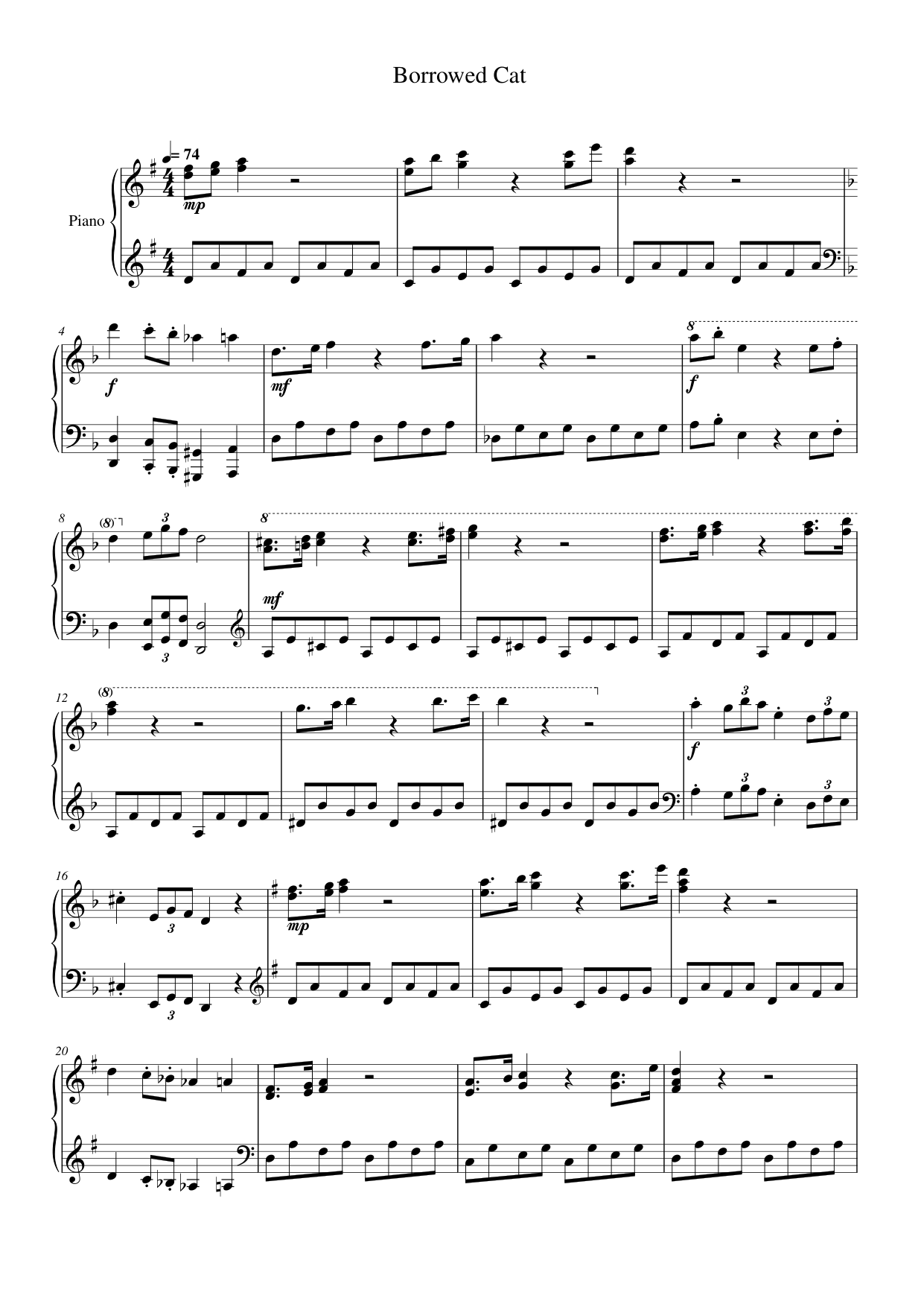 Borrowed Cat Piano Sheet Music Score Page 1