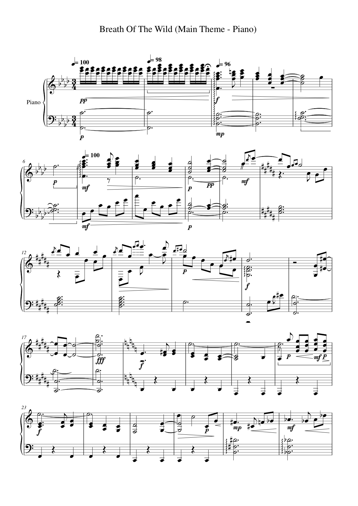 Breath Of The Wild (Main Theme Piano Sheet Music Score Page 1