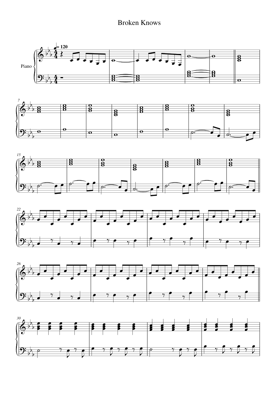 Broken Knows Piano Sheet Music Score Page 1