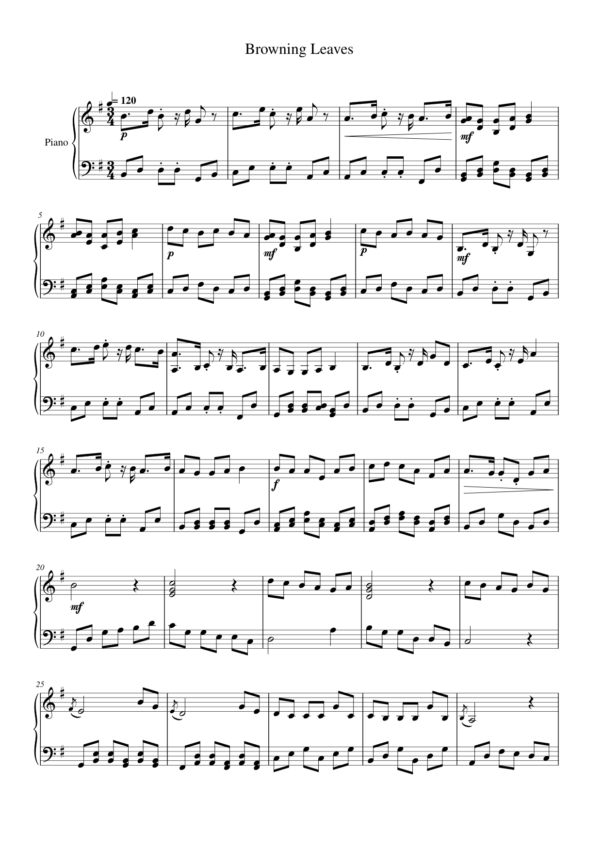 Browning Leaves Piano Sheet Music Score Page 1