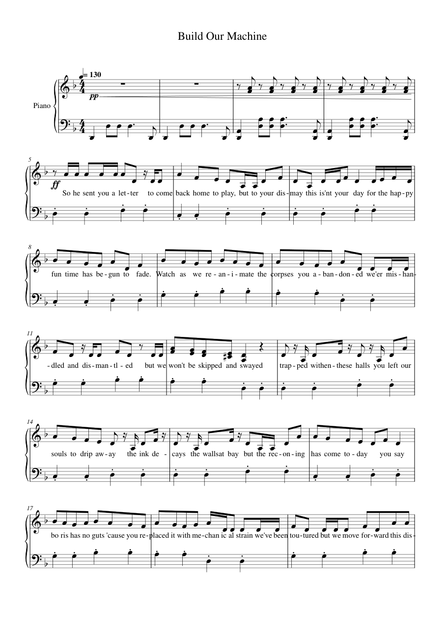 Build Our Machine Piano Sheet Music Score Page 1