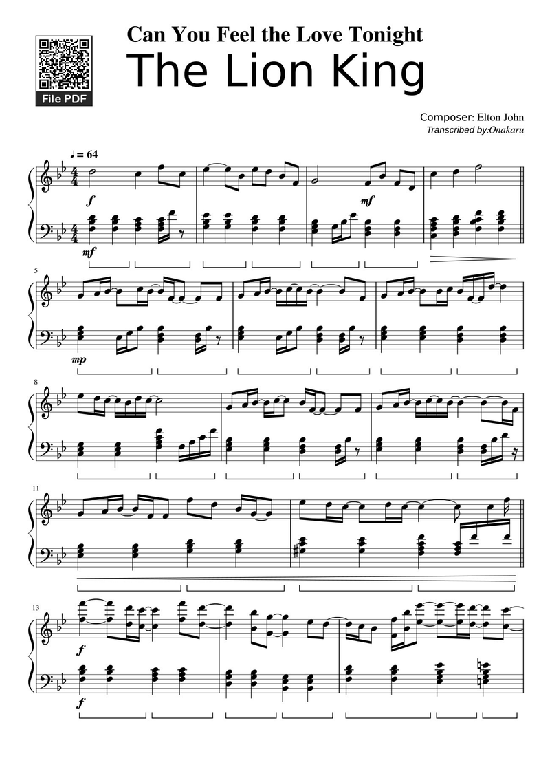 Can You Feel the Love Tonight Piano Sheet Music Page 1 Free PDF