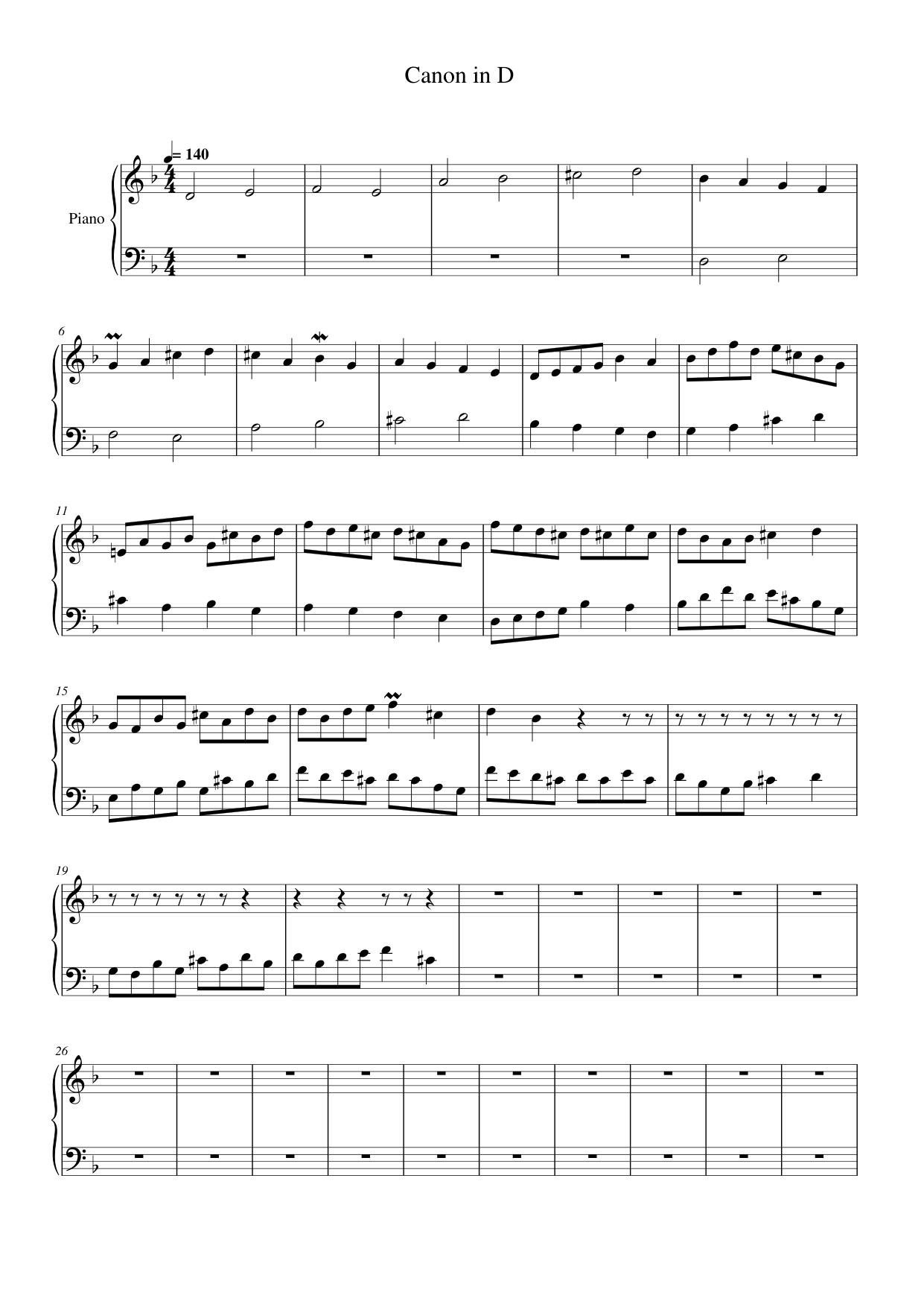 Canon in D Piano Sheet Music Score Page 1