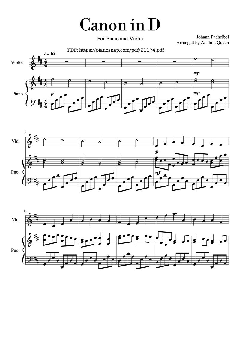 Canon in D Major Piano Sheet Music Page 1 Free PDF