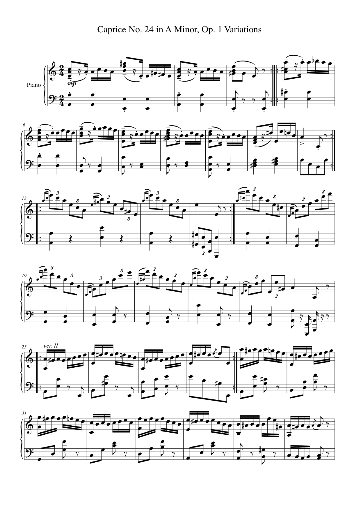 Caprice No. 24 in A Minor, Op. 1 Variations Piano Sheet Music Page 1 Free PDF