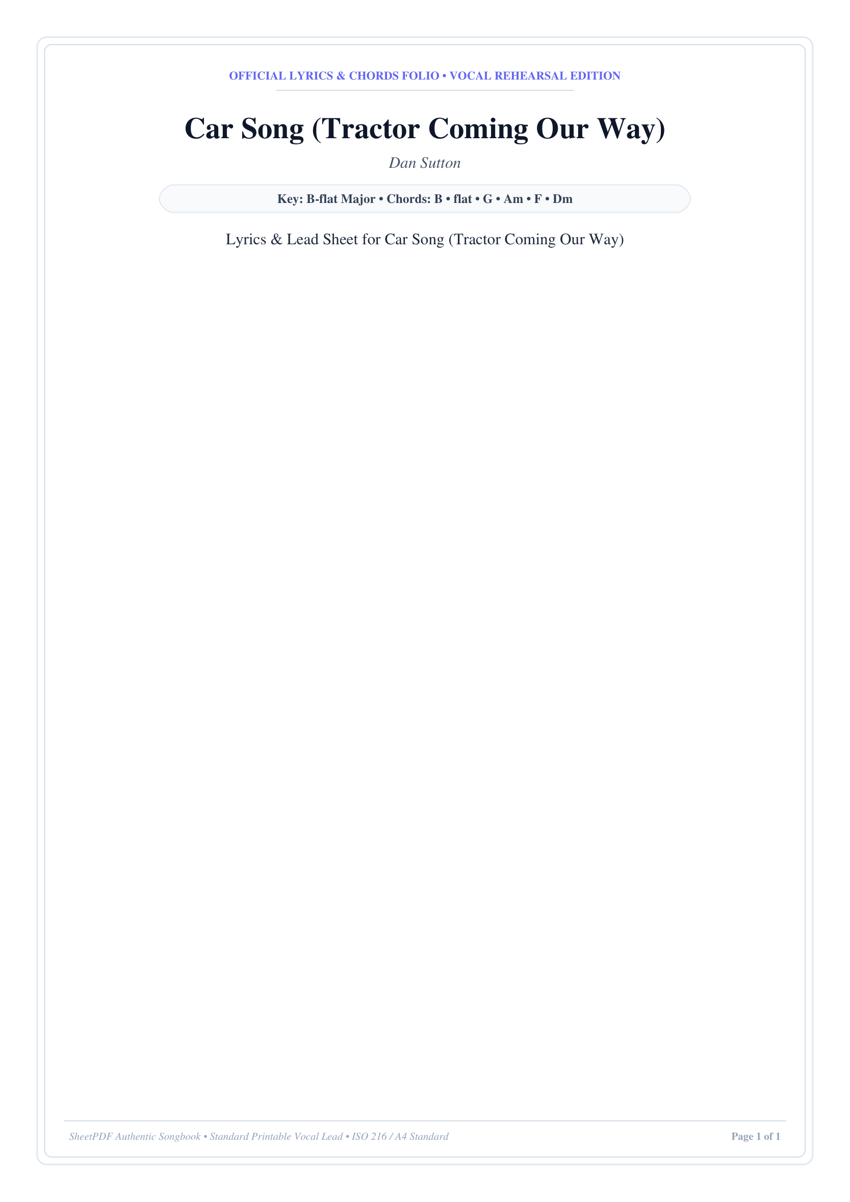 Car Song (Tractor Coming Our Way) Piano Sheet Music Page 1 Free PDF